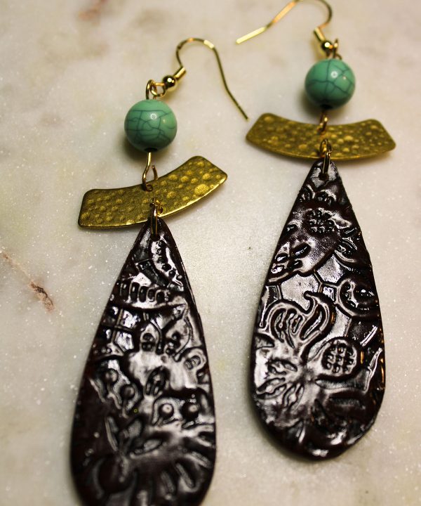 5” Long Aztez Stone Earrings with Duck Feathers/Rhinestone